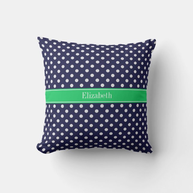 Coussin D'extérieur Bleu Marine Points Blancs Vert Emeraude Monogramme (Recto)