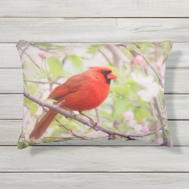 Coussin D'extérieur Cardinal rouge peint dans l'arbre avec des fleurs (Devant)