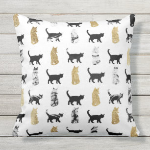 Coussin D'extérieur Chats Kitty en or et noir et Marbre blanc