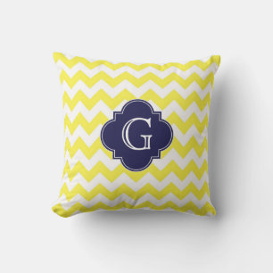 Coussin D'extérieur Chevron Jaune Blanc Monogramme Quatrefeuille Bleu