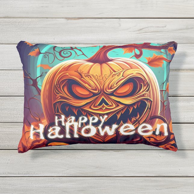 Coussin D'extérieur Citrouille orange effrayant avec visage, Halloween (Devant)
