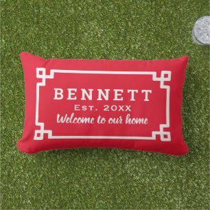 Coussin D'extérieur Clé grecque rouge monogramme Bienvenue