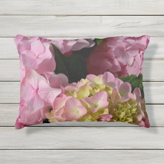 Coussin D'extérieur Crème rose Hydrangeas jaune rose vert floral (Devant)