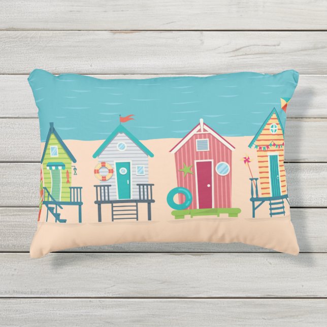 Coussin D'extérieur Cute Moderne Plage Cabines Art Été Vacances (Devant)