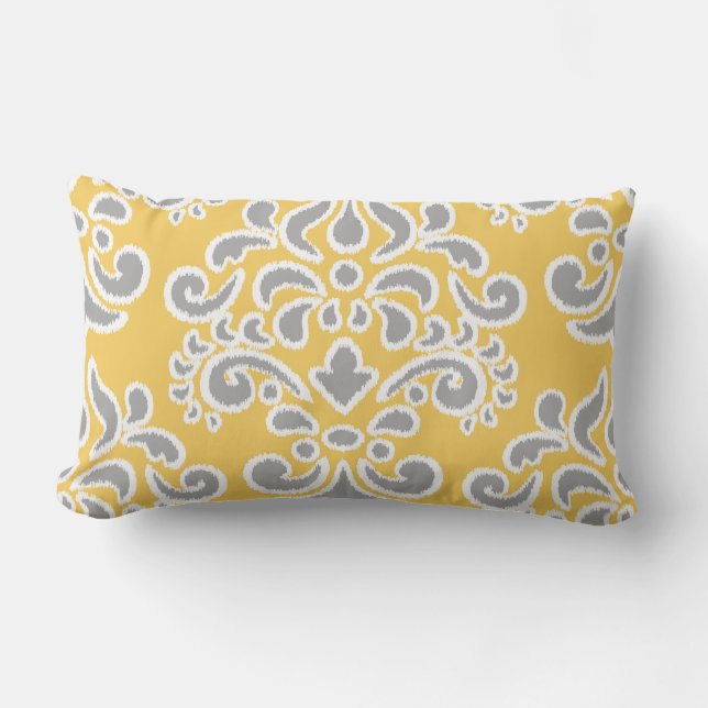 Coussin D'extérieur Damassé florale d'Ikat grise et jaune (Recto)