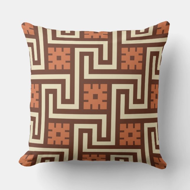 Coussin D'extérieur Déco Clé grecque, Brown, beige et rouille (Recto)