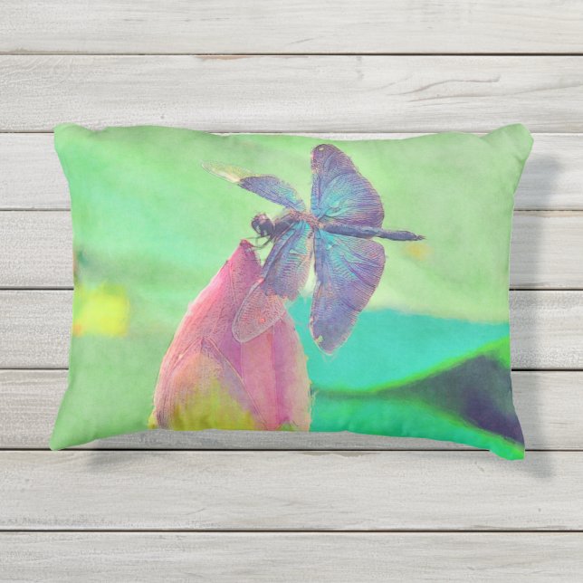 Coussin D'extérieur Dragonfly bleu Iridescente sur Nénuphar rose (Dos)