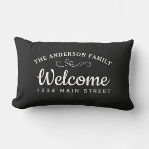 Coussin D'extérieur Elégant Bienvenue Noir Nom de famille personnalisé