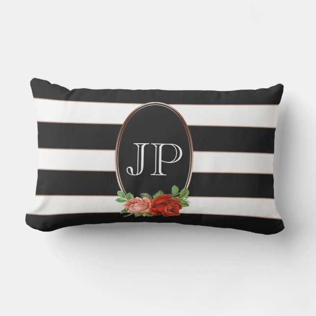 Coussin D'extérieur Élégant bronze floral noir blanc rayé Monogramme (Recto)