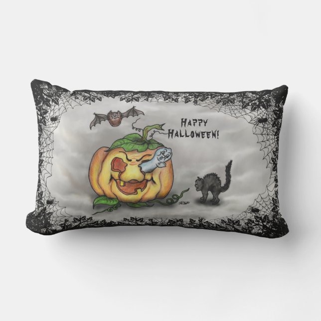 Coussin D'extérieur Fantôme, chauve-souris et chat, Bonne Halloween ! (Recto)
