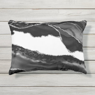 Coussin D'extérieur Fausse Agate Marbrée Noir Blanc Pierre Moderne Ten