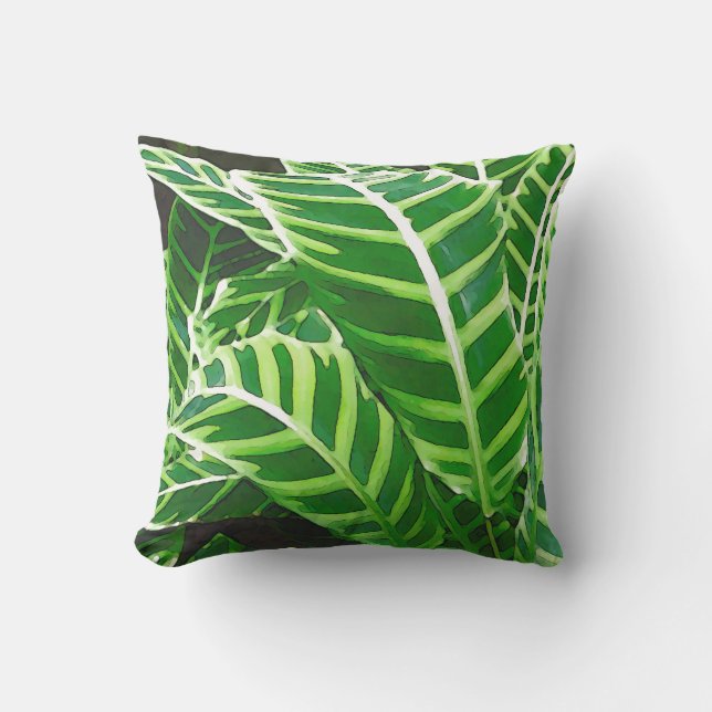 Coussin D'extérieur Feuille tropical, usine de zèbre, vert-foncé (Recto)