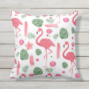 Coussin D'extérieur Flamant élégant tropical d'aquarelle rose floral