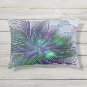 Coussin D'extérieur Fleur Abstraite Moderne Art Fractal Vert Violet
