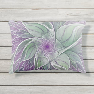 Coussin D'extérieur Fleur de rêve, art fractal abstrait violet vert