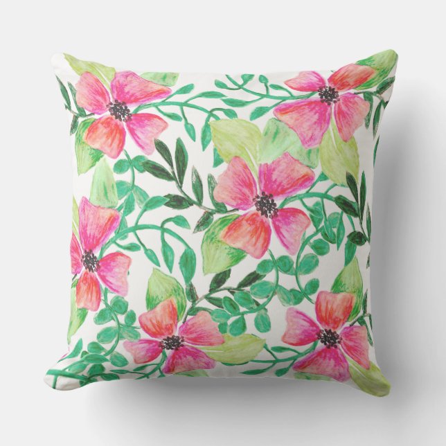 Coussin D'extérieur Fleur rose florale et feuillage vert tropical (Recto)