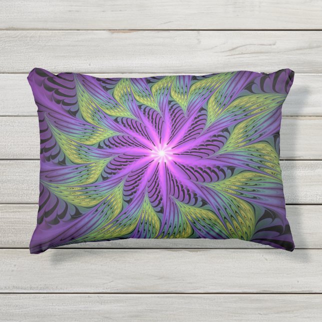 Coussin D'extérieur Fleuron vert violet Art Abstrait fractal moderne (Devant)