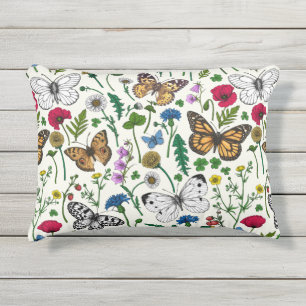 Coussin D'extérieur Fleurs sauvages et papillons sur blanc