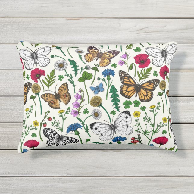 Coussin D'extérieur Fleurs sauvages et papillons sur blanc (Devant)