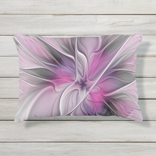 Coussin D'extérieur Fractal Floral Moderne Abstrait Fleur Rose Gris