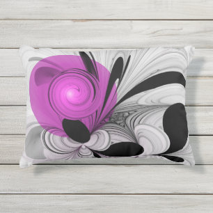 Coussin D'extérieur Gris Noir Abstrait Avec Art Fractal Magenta