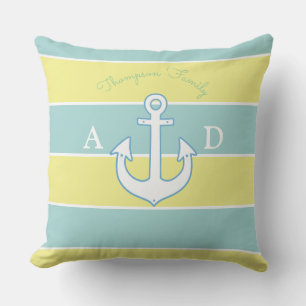 Coussin D'extérieur gros rayures bleues et jaunes nautiques et monogra