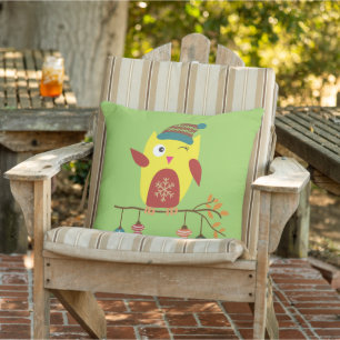 Coussin D'extérieur Illustration de Noël de la chouette d'hiver