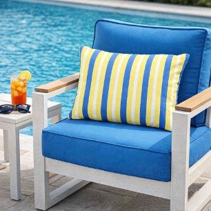 Coussin D'extérieur Jaune moderne blanc et bleu rayé gras