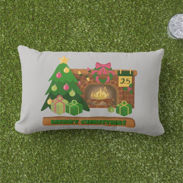 Coussin D'extérieur Joyeux Noël près de la cheminée bonfire xmas arbre (Herbe)