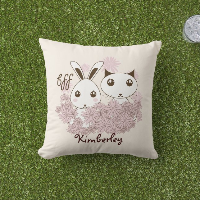 Coussin D'extérieur Kitten et Bunny amis animaux filles enfants (Herbe)