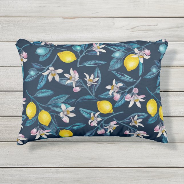 Coussin D'extérieur Lemon branches with blossoms and fruit on blue (Devant)