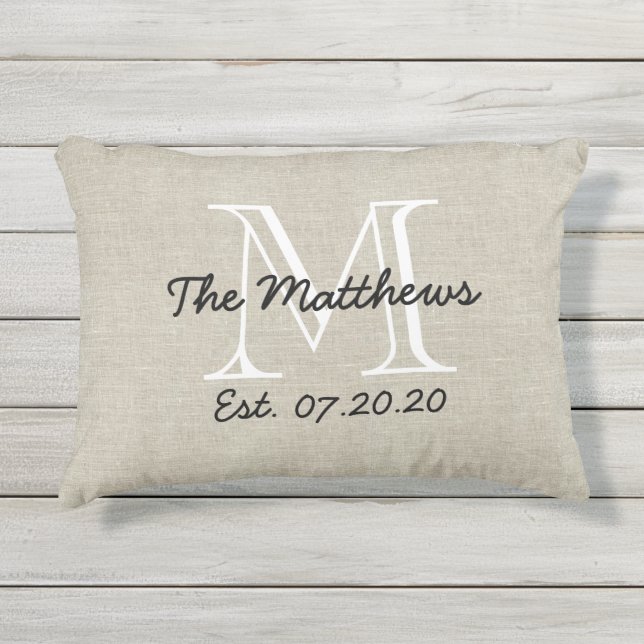 Coussin D'extérieur Linen Look Famille Personnalisée Monogramme Coussi (Devant)