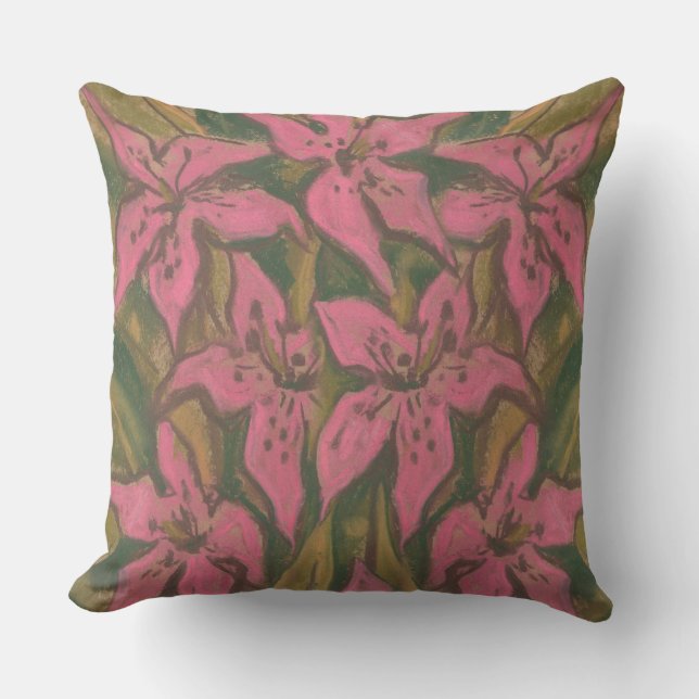 Coussin D'extérieur Lys roses, peinture pastel, fleurs, art floral (Recto)