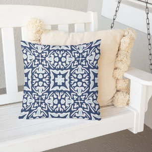 Coussin D'extérieur Marine et blanc Motif de tuiles méditerranéennes