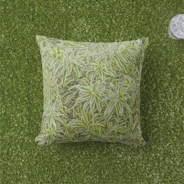 COUSSIN D'EXTÉRIEUR "MASSE DE FEUILLES PLANTES VERTS ET BLANCS" (Herbe)