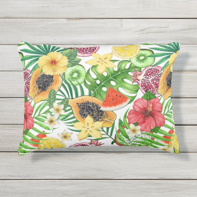 Coussin D'extérieur Mix-fruit tropical, fleurs et feuilles sur blanc (Devant)