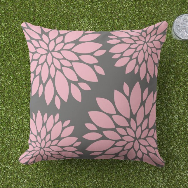 Coussin D'extérieur Moderne rose floral et gris charbon (Herbe)