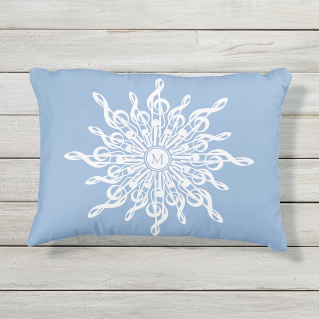 Coussin D'extérieur Monogramme d'ornement bleu d'hiver G-Clef Snowflak (Dos)