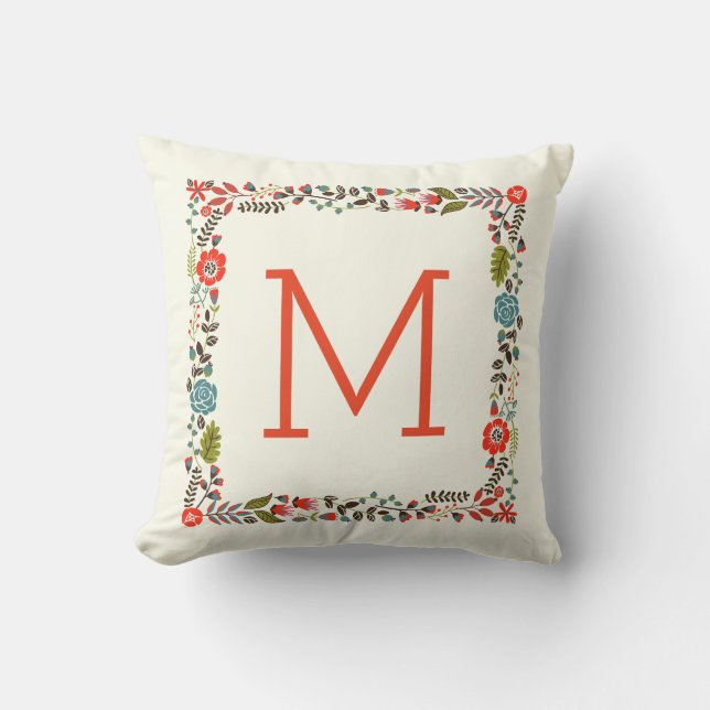 Coussin D'extérieur Monogramme jolie bordure florale printanière turqu (Recto)