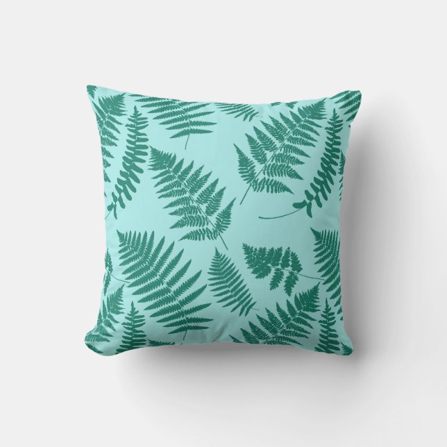 Coussin D'extérieur Motif de fougères boisées, Turquoise et Aqua (Recto)