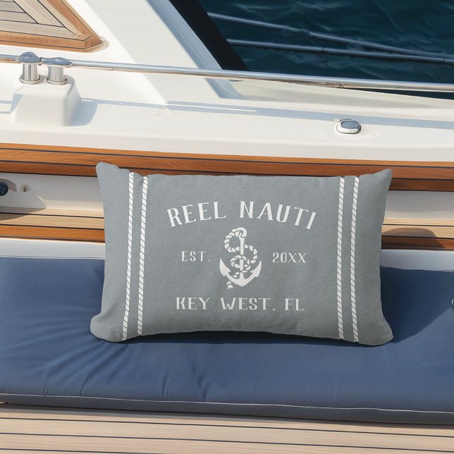 Coussin D'extérieur Nom de bateau personnalisé bleu et blanc Ancre (Créateur téléchargé)