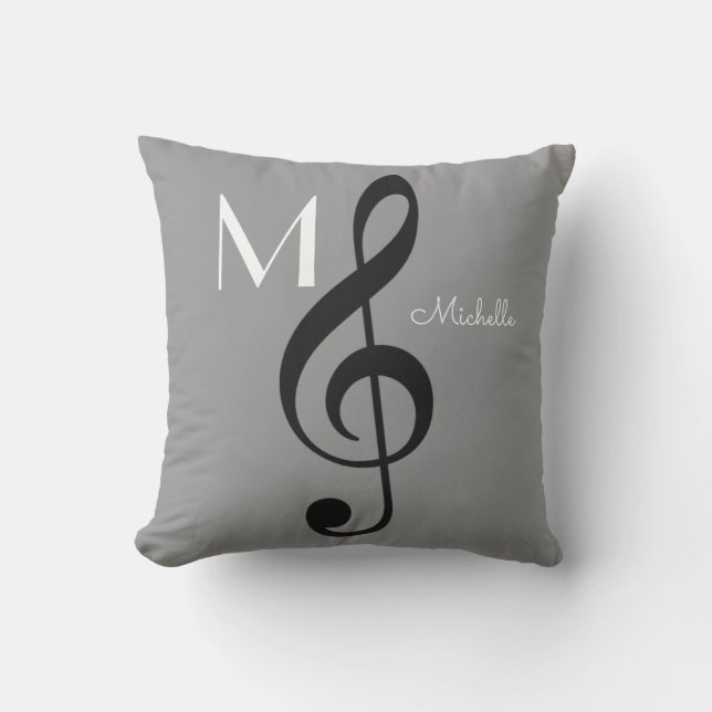 Coussin D'extérieur note de musique de clef de treble gris monogrammé (Recto)