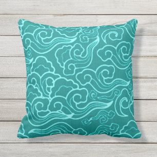 Coussin D'extérieur Nuages japonais vintages, Turquoise et Aqua