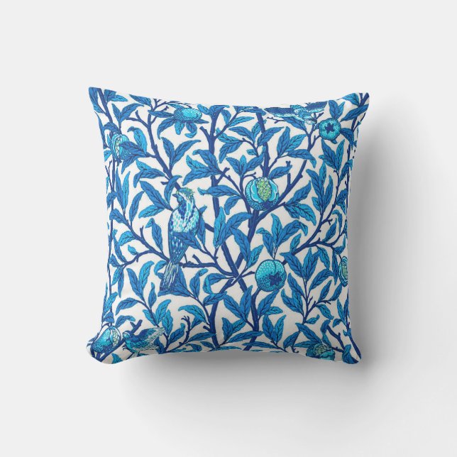 Coussin D'extérieur Oiseau et grenade Art Nouveau, Bleu de Cobalt (Recto)