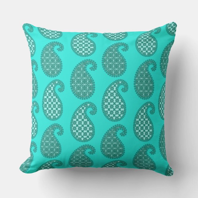 Coussin D'extérieur Paisley motif, aqua et turquoise (Recto)