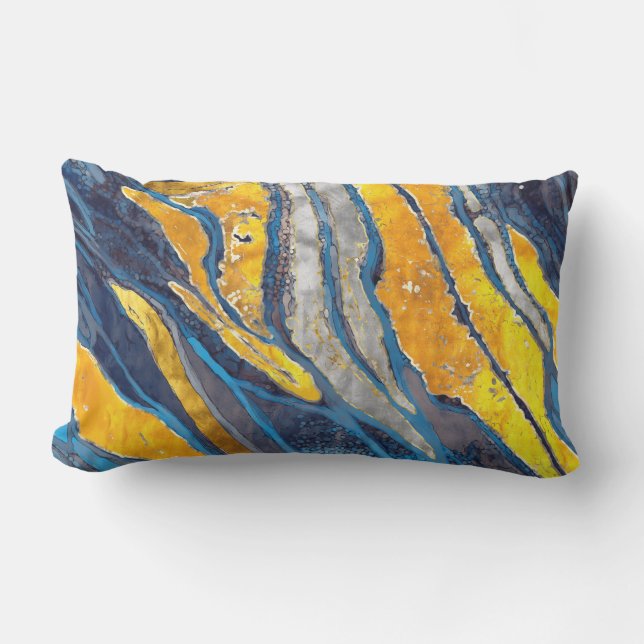 Coussin D'extérieur peinture Abstraite, rayures, or, argent, bleu (Recto)