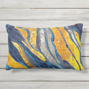 Coussin D'extérieur peinture Abstraite, rayures, or, argent, bleu