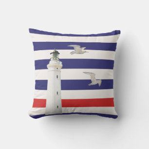 Coussin D'extérieur Phare bleu blanc rouge rayures nautiques