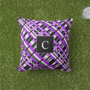Coussin D'extérieur Plaid en Monogramme diagonale violet, noir et gris
