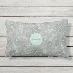 Coussin D'extérieur plumes à fleurs de chou gris menthe motif extérieu